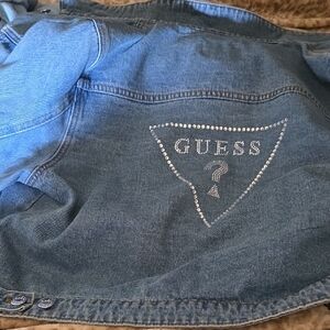 GUESS Blue Denim Jacket with Rhinestone Triangle Logo